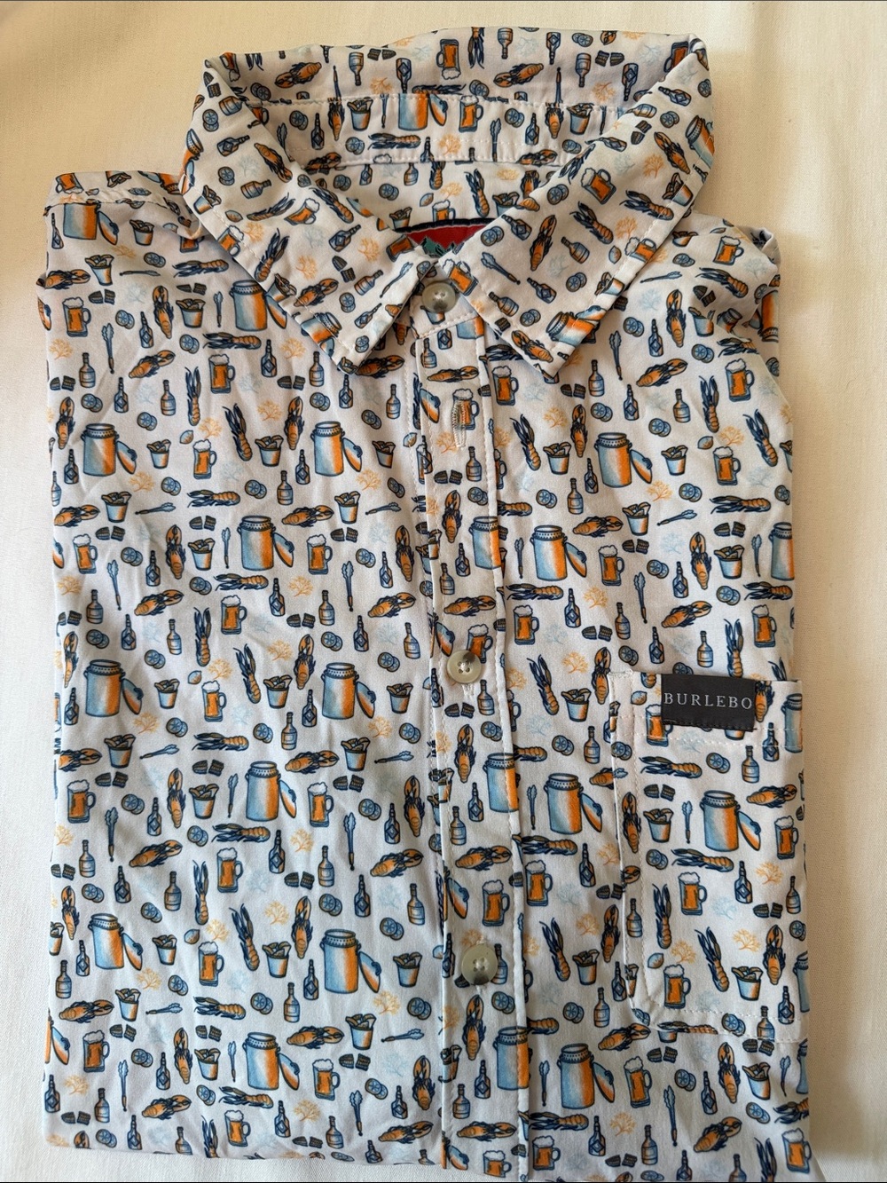 BURLEBO White Short-Sleeve Button-Down with Blue and Orange Tool Print